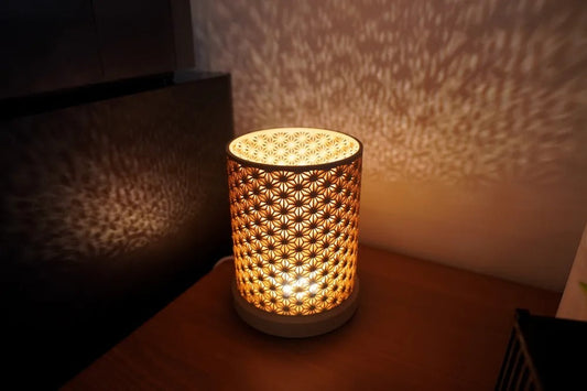 Japanese Kumiko Lamp front view — intricate kumiko latticework pattern