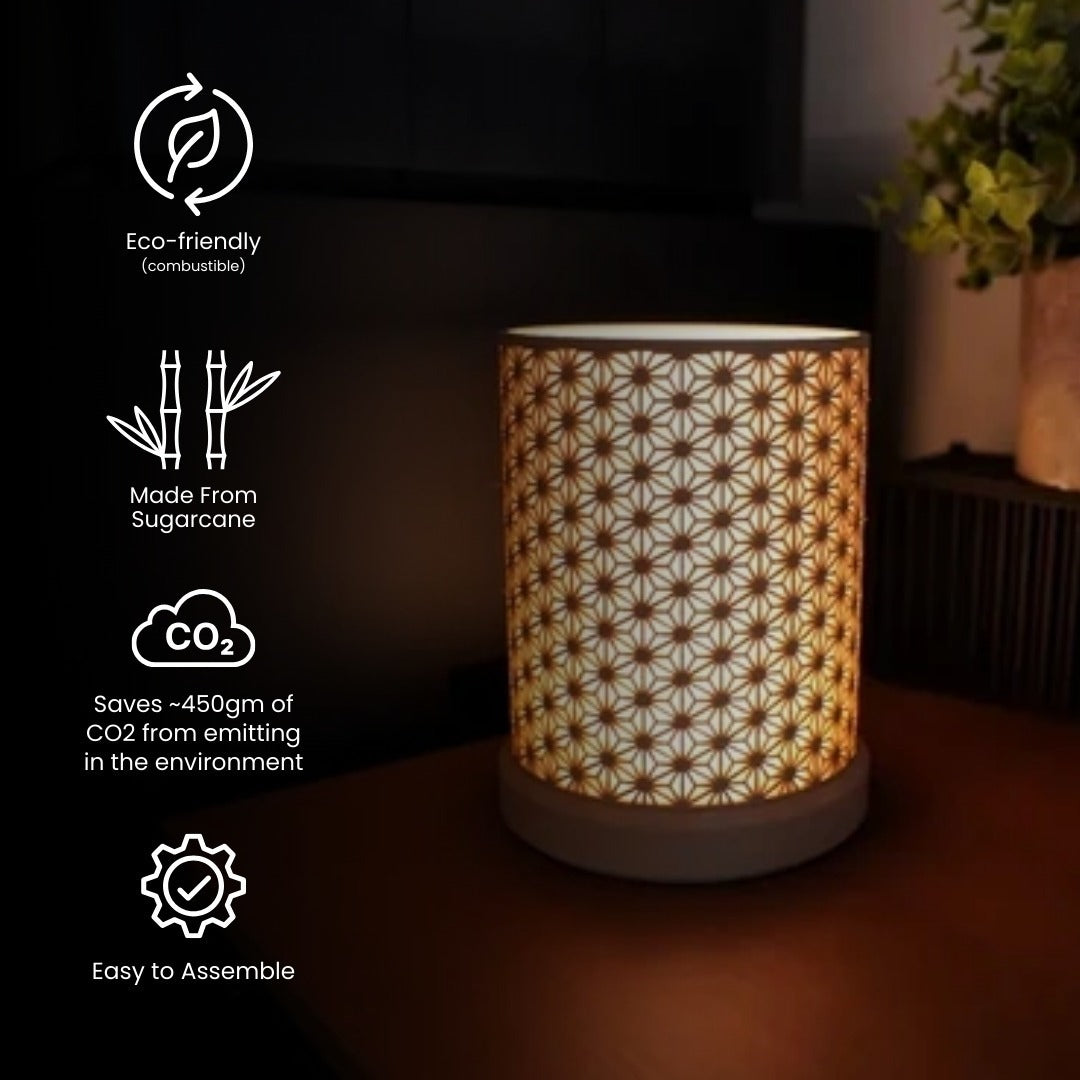 Japanese Kumiko Lamp illuminated — soft golden light Japandi desk lamp India