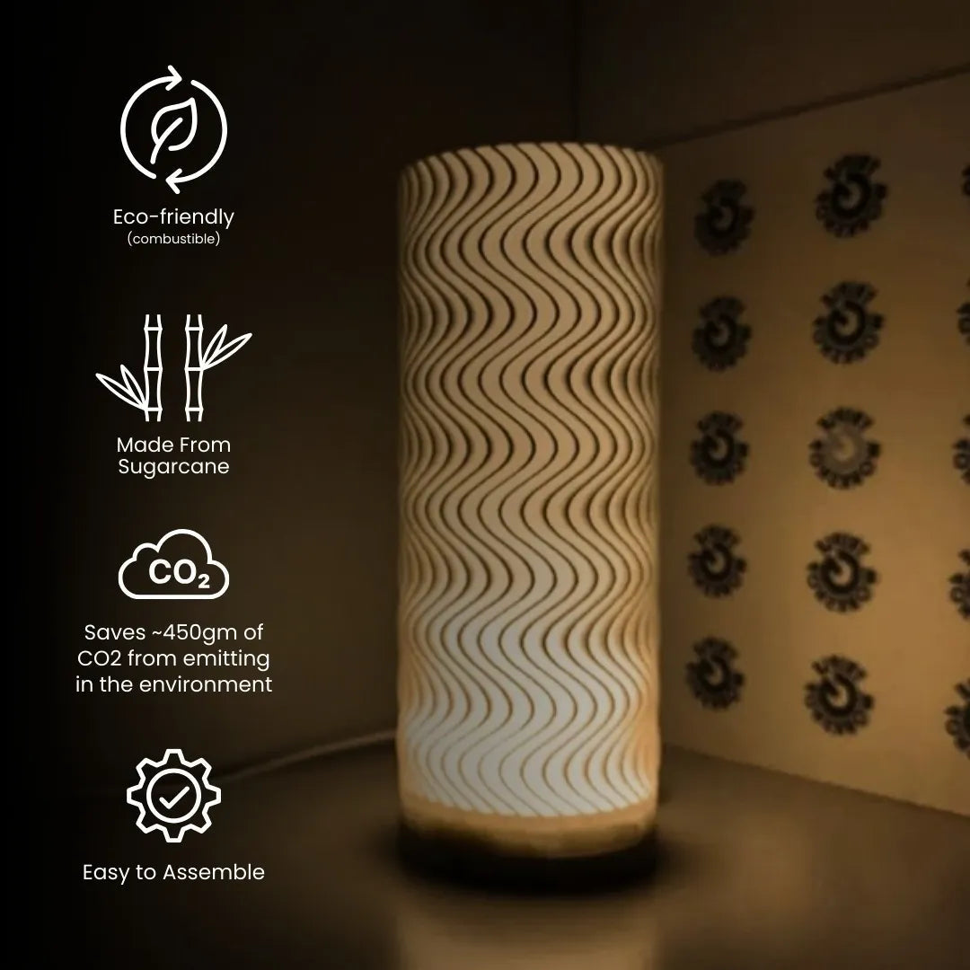 Wavy lamp shade lit — mood lighting table lamp India | Styra