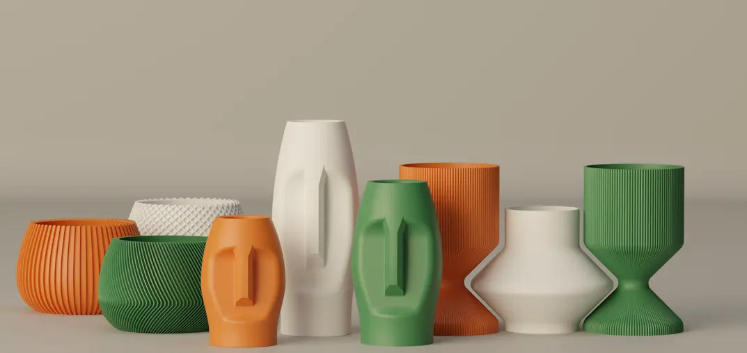 Tricolor textured polymer vases in bold three-toned colourways for modern Indian homes by Styra