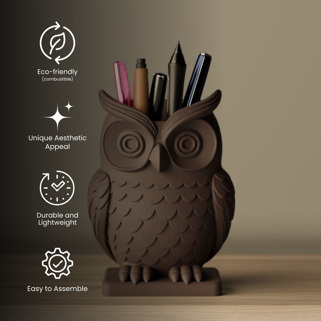 Owl Pen Holder, detail — handcrafted desk organizer India | Styra